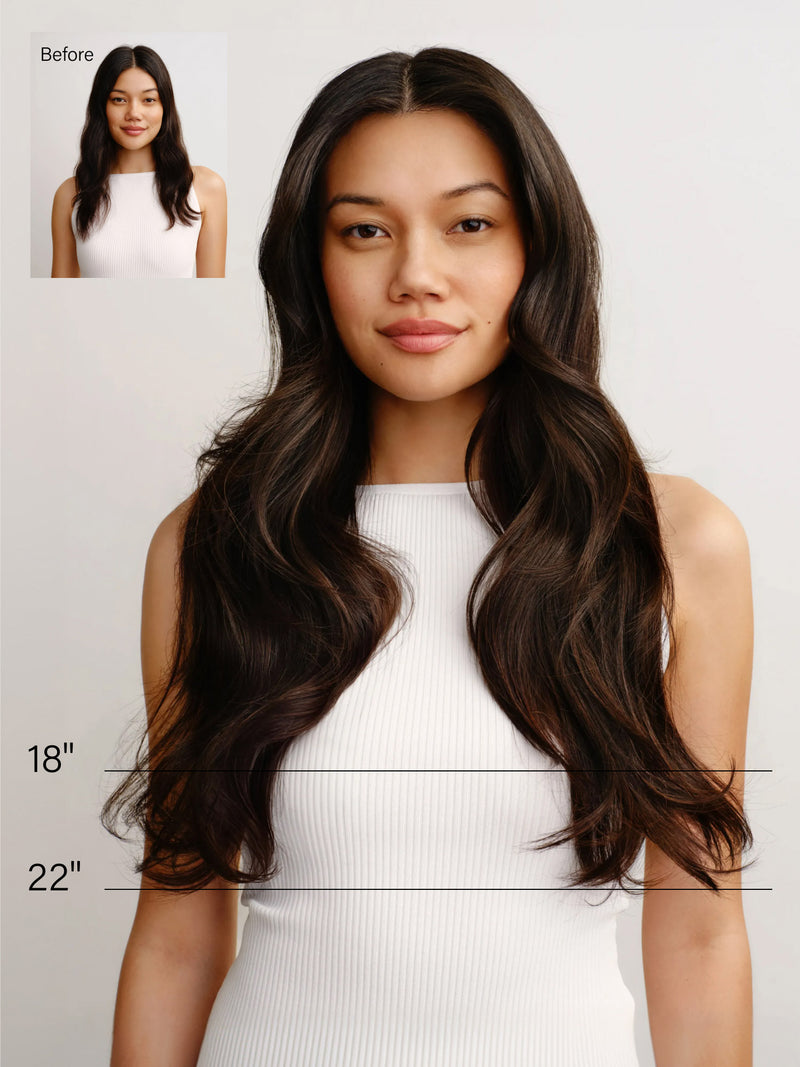 18" Neutral Brown Effortless Tape-Ins The Complete Length & Volume Kit (90g) - Length Chart - Front