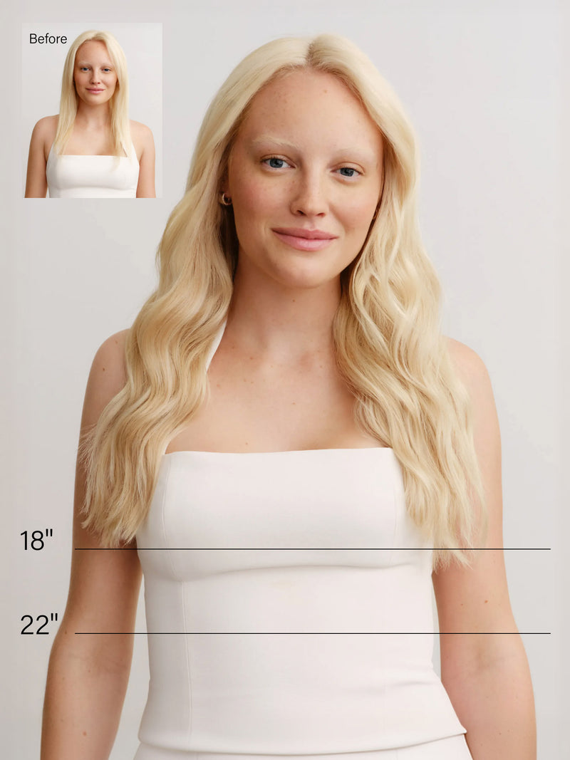 22" Dimensional Cream Blonde Effortless Tape-Ins The Full Volume Kit (50g) - Length Chart