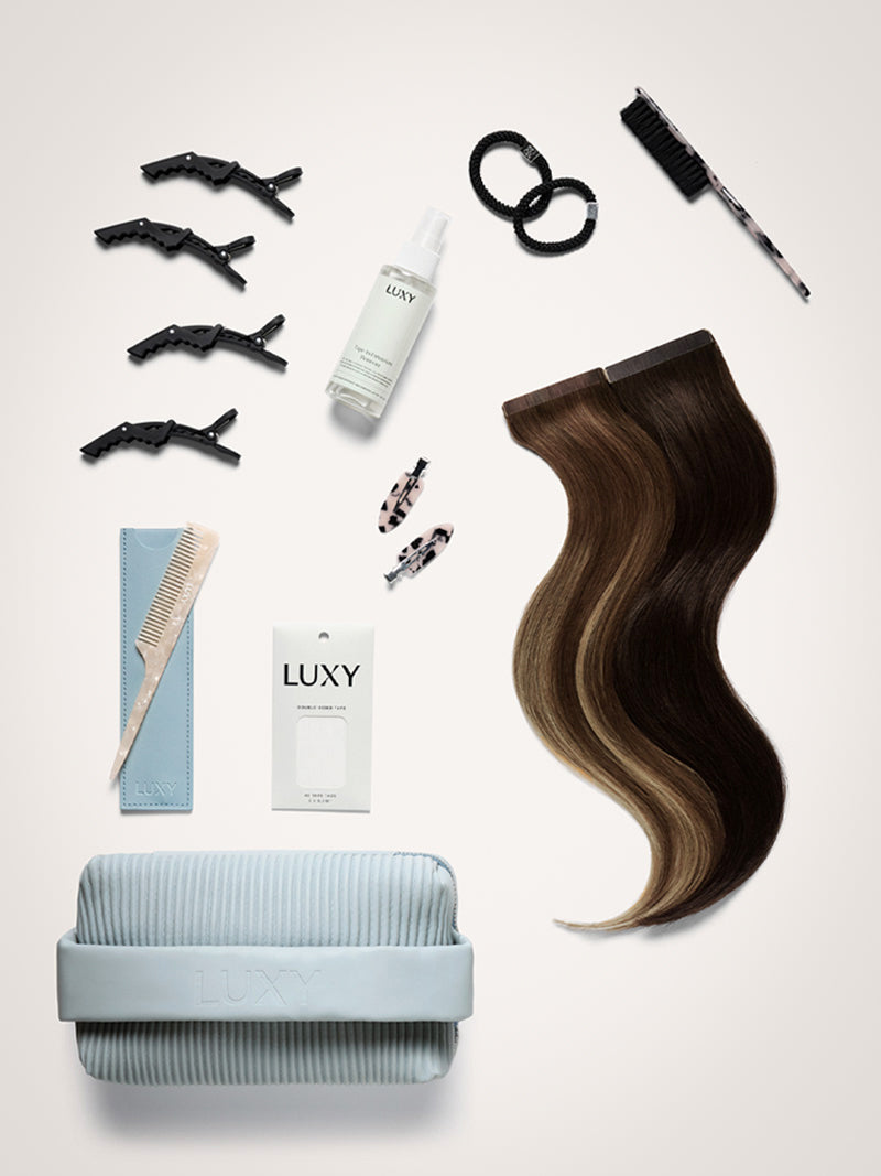 18" Ash Brown Balayage Effortless Tape-Ins The Complete Length & Volume Kit (90g) - Bundle Accessories