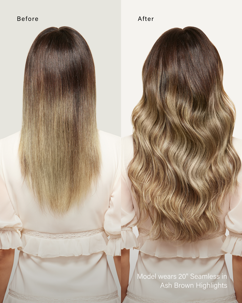 20" Seamless Ash Brown Highlights Clip-Ins (180g) — before and after, back view