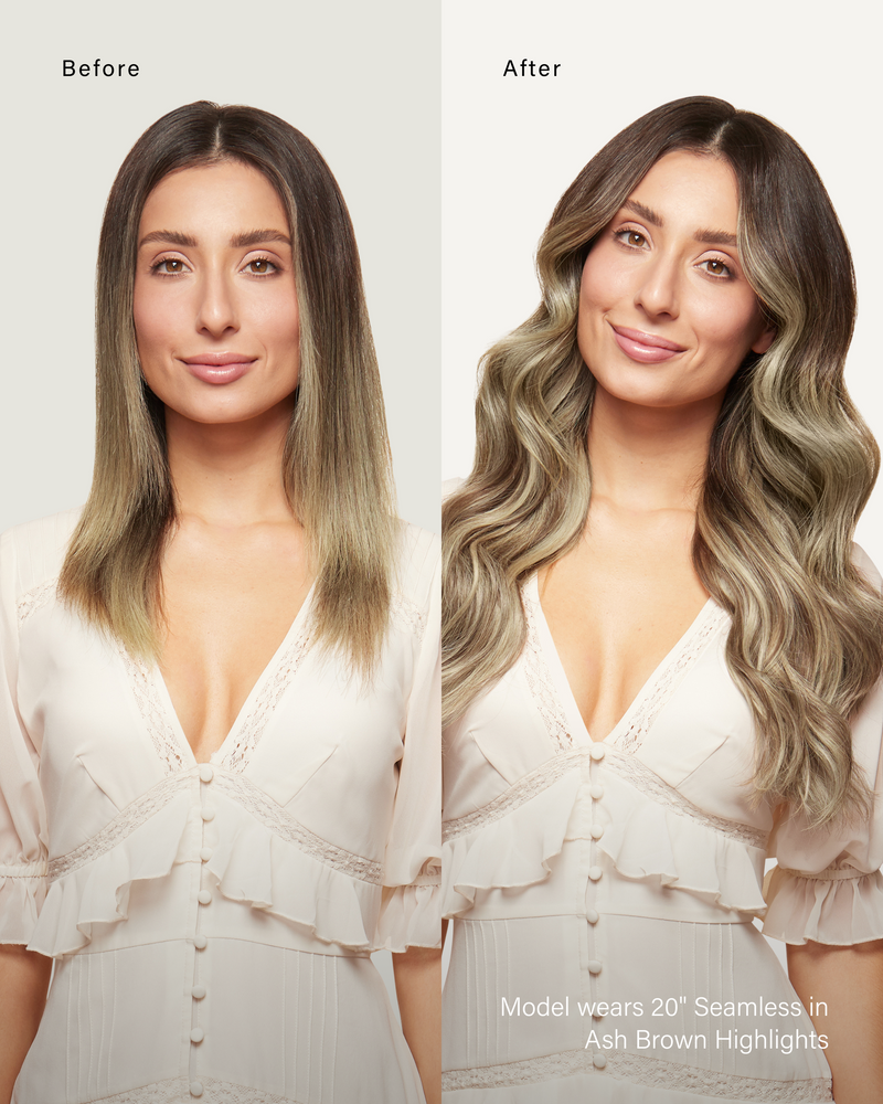20" Seamless Ash Brown Highlights Clip-Ins (180g) — before and after, front view