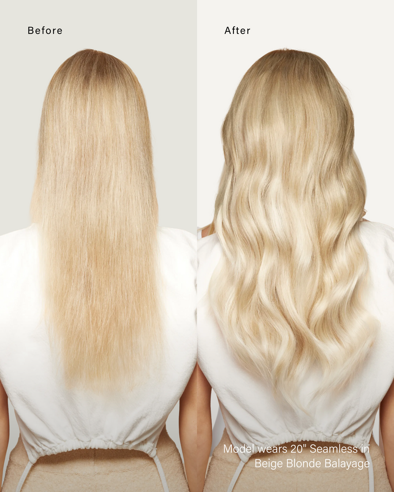 20" Seamless Beige Blonde Balayage Clip-Ins (180g) — before and after, back view