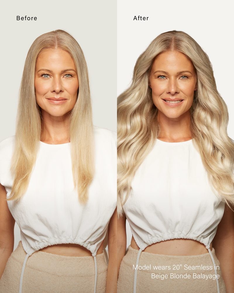 20" Seamless Beige Blonde Balayage Clip-Ins (180g) — before and after, front view