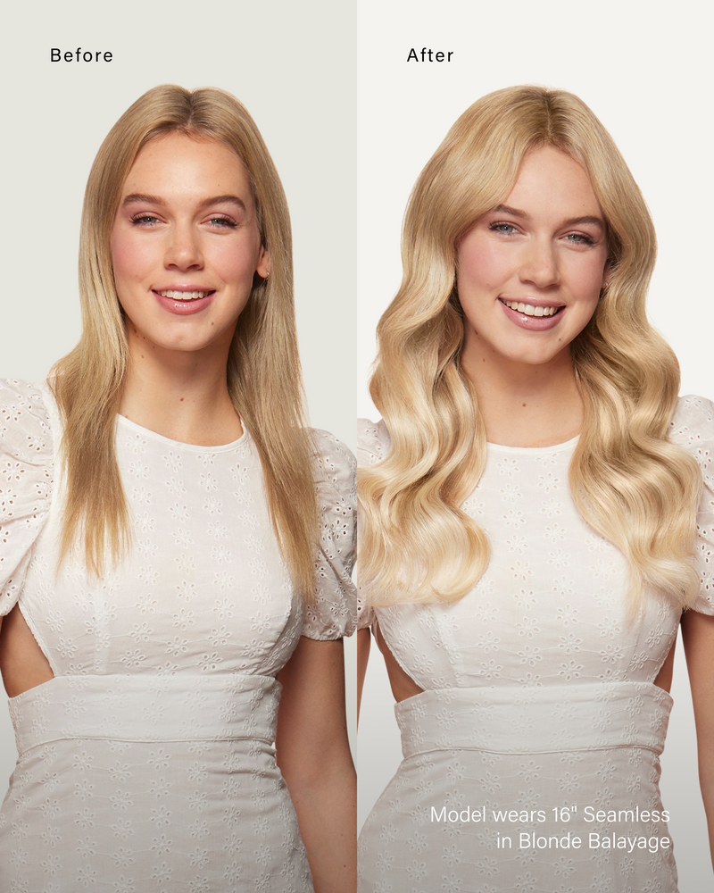 20" Classic Blonde Balayage Clip-Ins (220g) — before and after, front view
