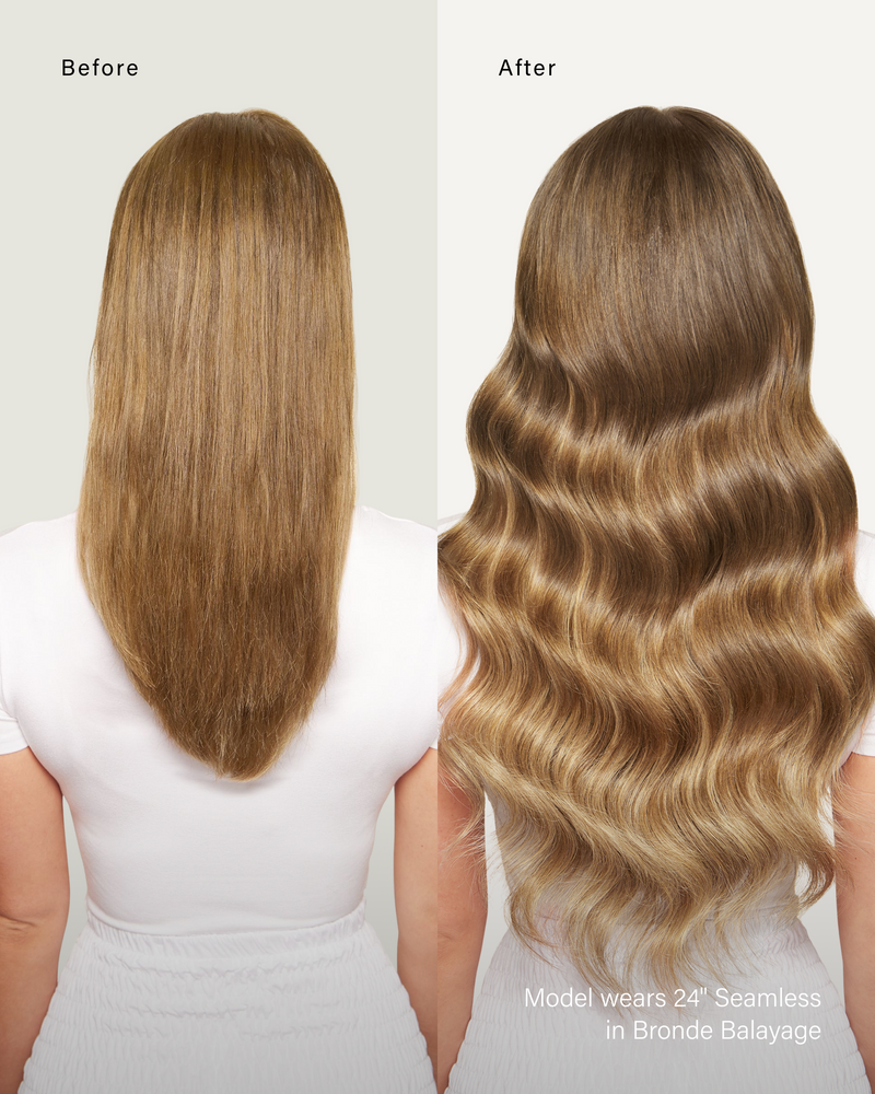 16" Seamless Bronde Balayage Clip-Ins (160g) — before and after, back view