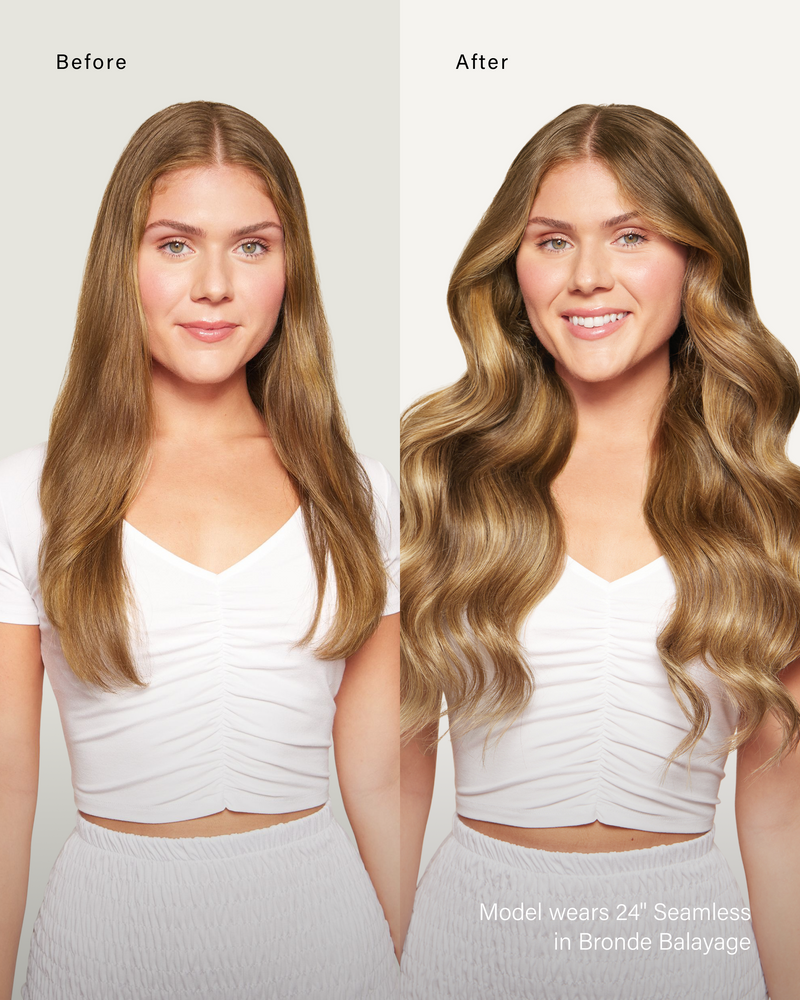 16" Seamless Bronde Balayage Clip-Ins (160g) — before and after, front view