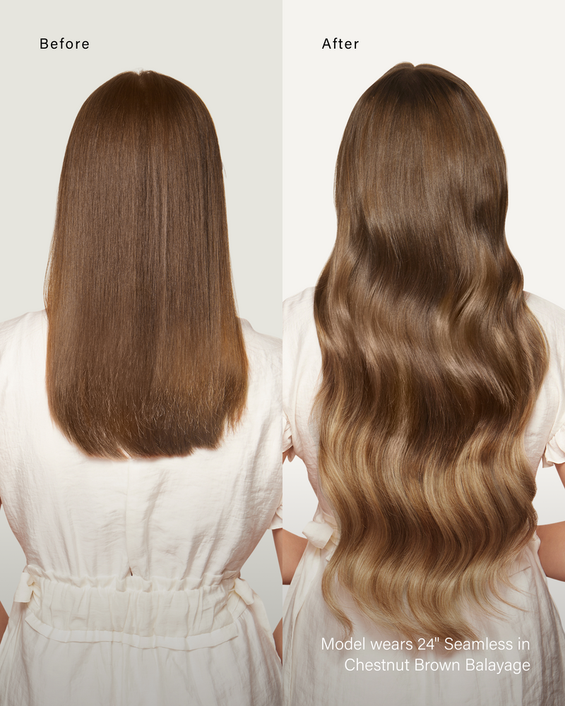 20" Seamless Chestnut Brown Balayage Clip-Ins (180g) — before and after, back view