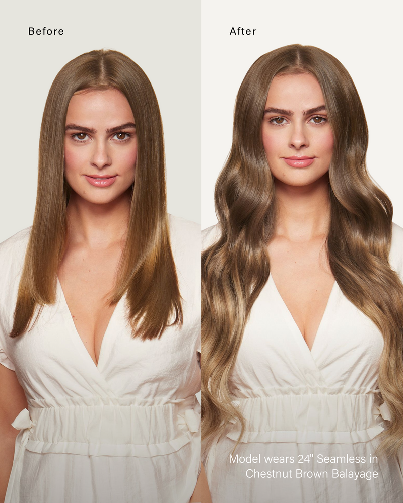 20" Seamless Chestnut Brown Balayage Clip-Ins (180g) — before and after, front view