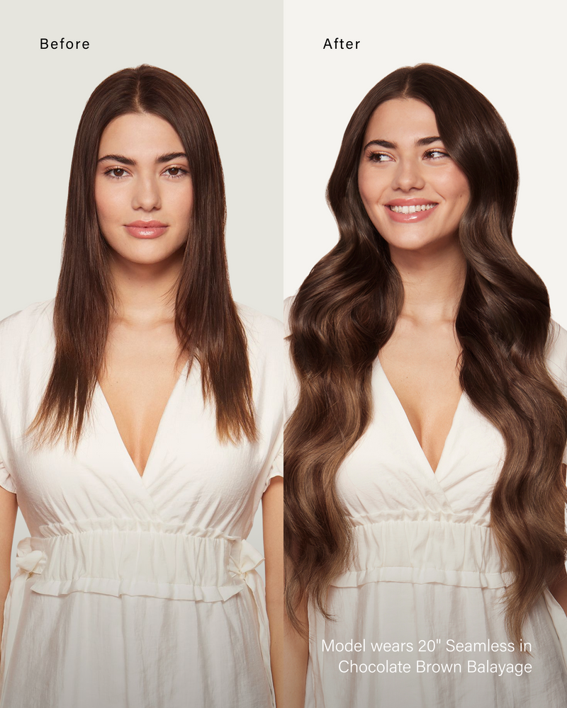 20" Classic Chocolate Brown Balayage Clip-Ins (220g) — before and after, front view