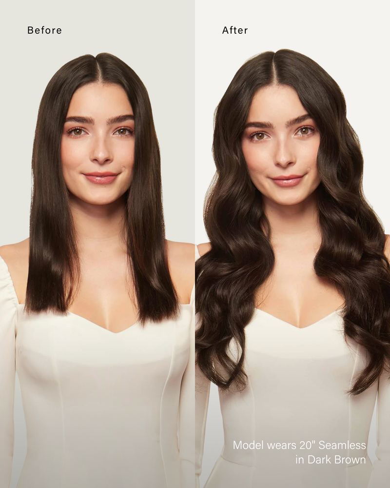 24" Classic Dark Brown Clip-Ins (240g) — before and after, front view