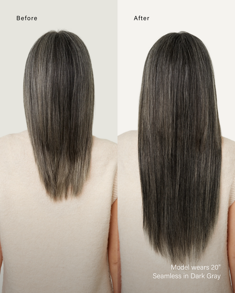 16" Classic Dark Gray Clip-Ins (160g) — before and after, back view