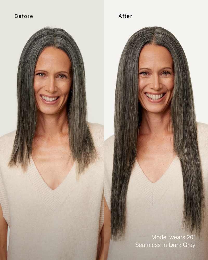 16" Classic Dark Gray Clip-Ins (160g) — before and after, front view