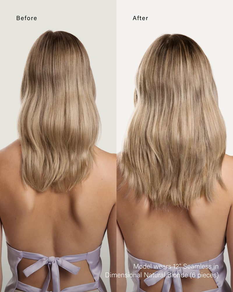 16" Classic Dimensional Natural Blonde Clip-Ins (160g) — before and after, back view