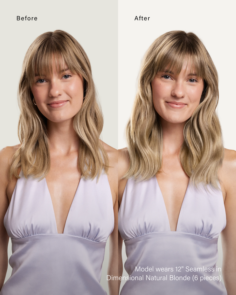 16" Classic Dimensional Natural Blonde Clip-Ins (160g) — before and after, front view