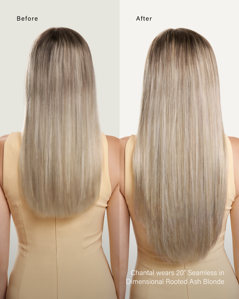 16" Classic Clip-Ins Dimensional Rooted Ash Blonde (160g) — before and after, back view