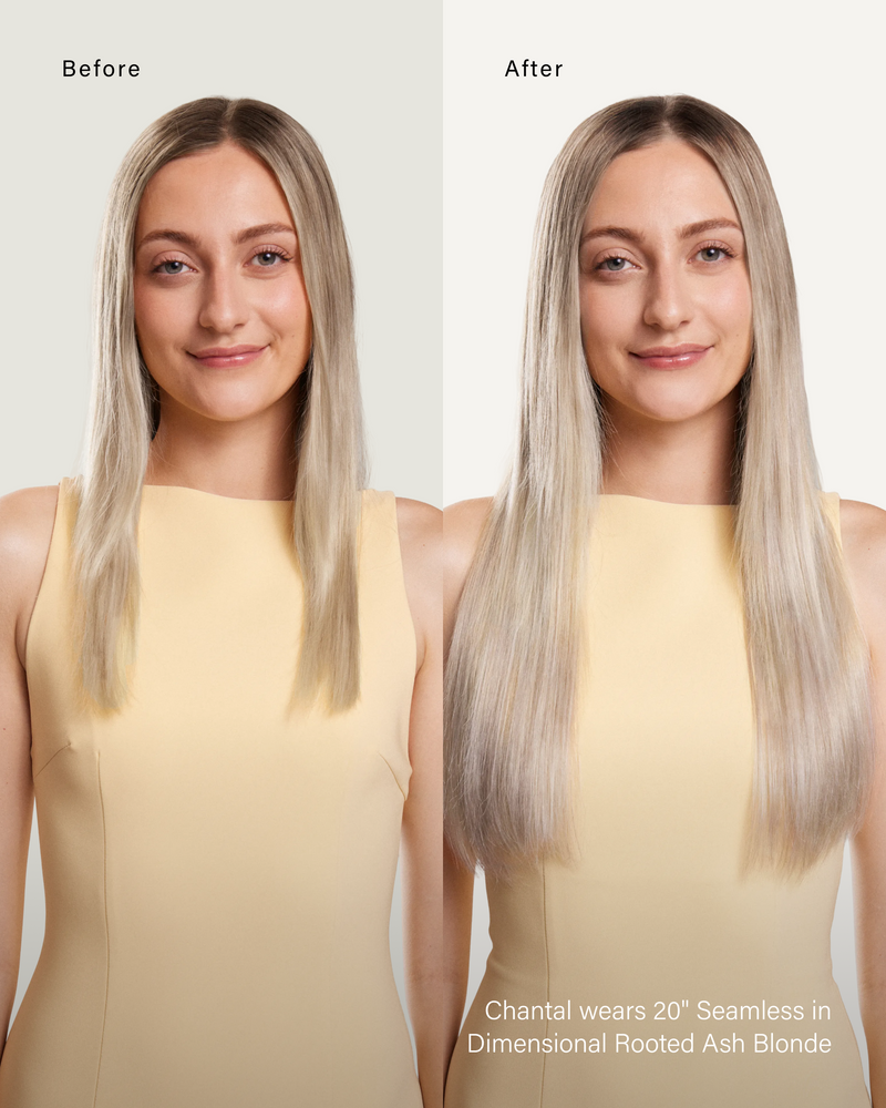 16" Classic Clip-Ins Dimensional Rooted Ash Blonde (160g) — before and after, front view