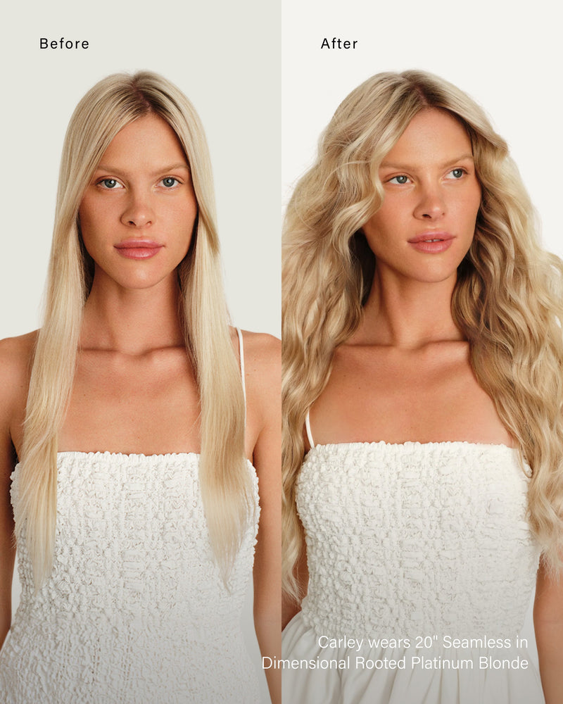 16" Seamless Dimensional Rooted Platinum Pearl Blonde Clip-Ins (160g) — before and after, front view