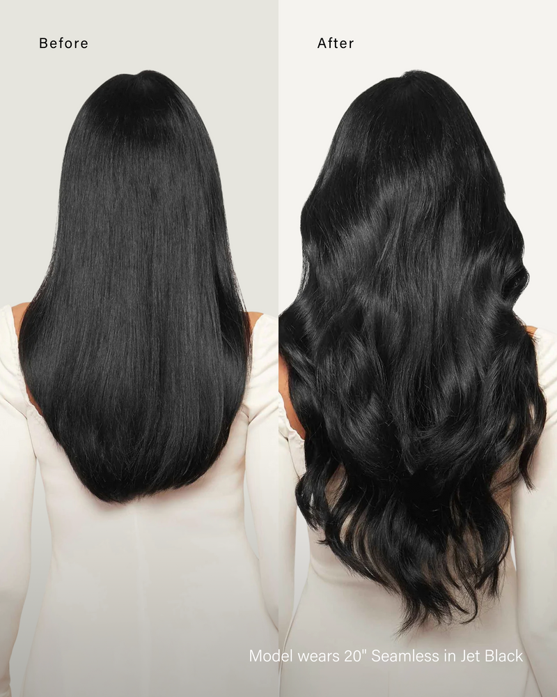 Before and after, back: model wears 20" Seamless in Jet Black