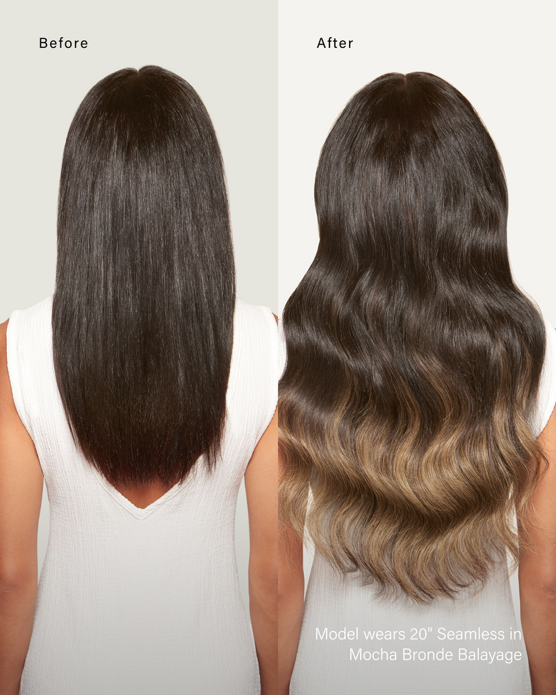 20" Seamless Mocha Bronde Balayage Clip-Ins (180g) — before and after, back view
