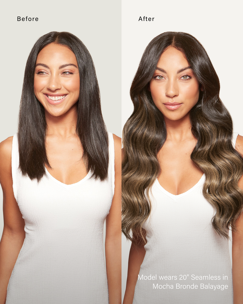 20" Seamless Mocha Bronde Balayage Clip-Ins (180g) — before and after, front view