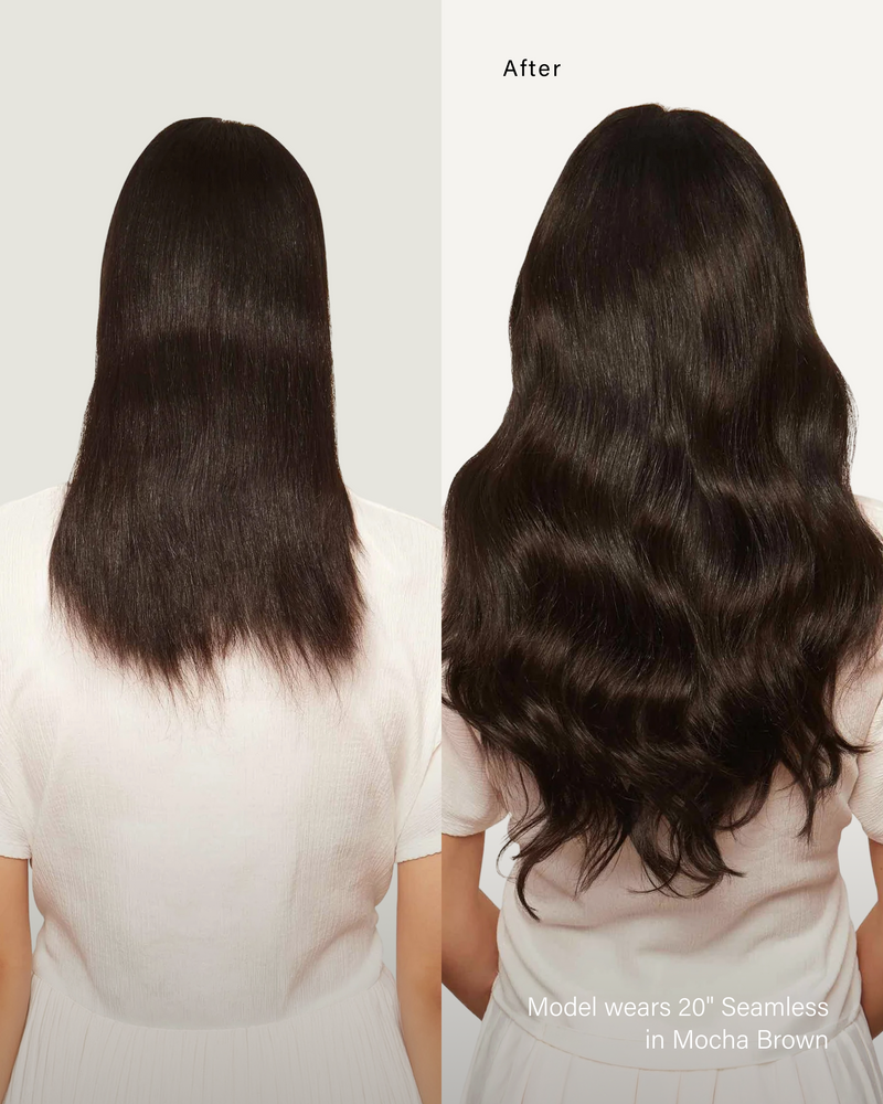 24" Classic Mocha Brown Clip-Ins (240g) — before and after, back view