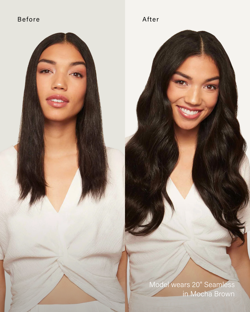 24" Classic Mocha Brown Clip-Ins (240g) — before and after, front view