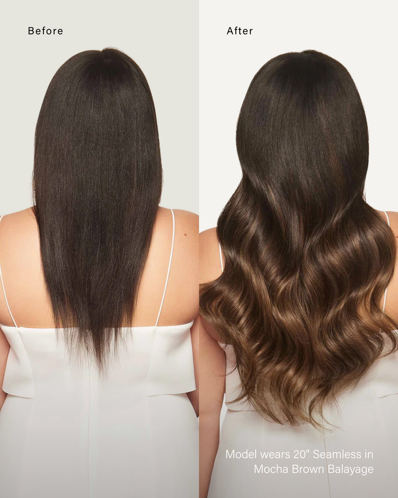 16" Seamless Mocha Brown Balayage Clip-Ins (160g) — before and after, back view
