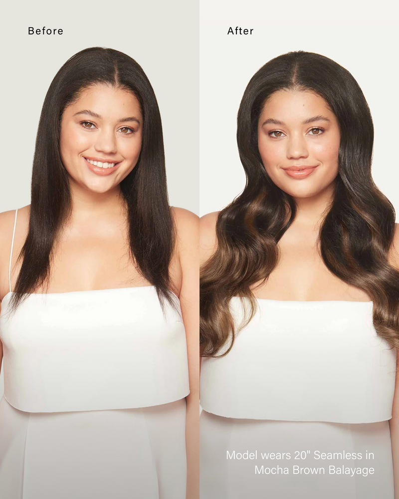 16" Seamless Mocha Brown Balayage Clip-Ins (160g) — before and after, front view