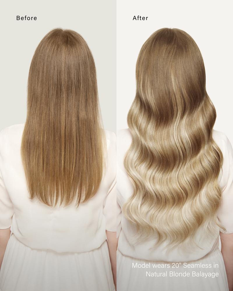 16" Seamless Natural Blonde Balayage Clip-Ins (160g) — before and after, back view