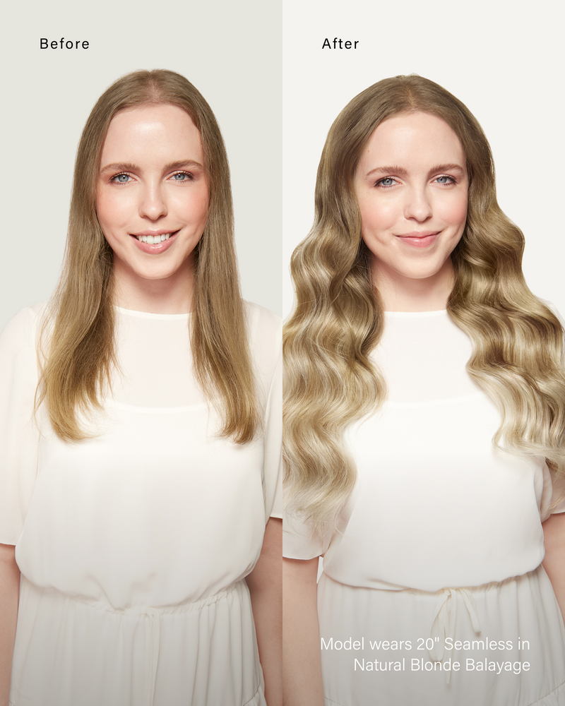 16" Seamless Natural Blonde Balayage Clip-Ins (160g) — before and after, front view