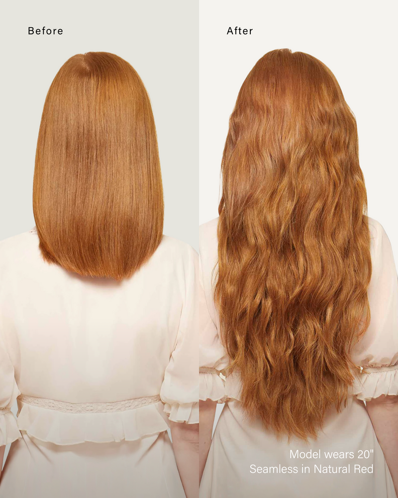 20" Classic Natural Red Clip-Ins (220g) — before and after, back view