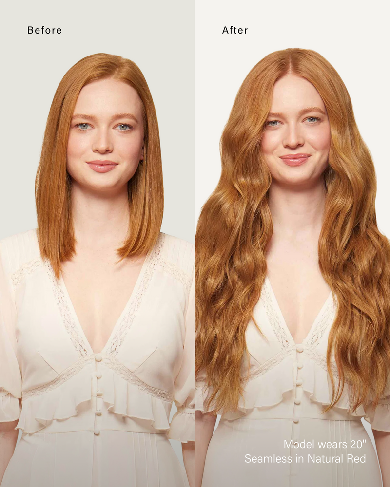 20" Classic Natural Red Clip-Ins (220g) — before and after, front view