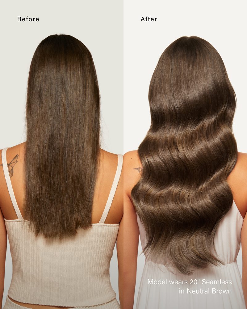 16" Classic Neutral Brown Clip-Ins (160g) — before and after, back view