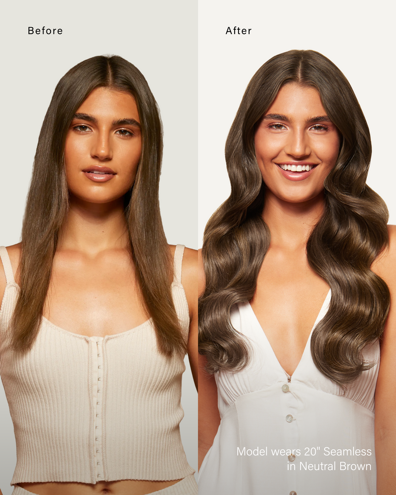 16" Classic Neutral Brown Clip-Ins (160g) — before and after, front view