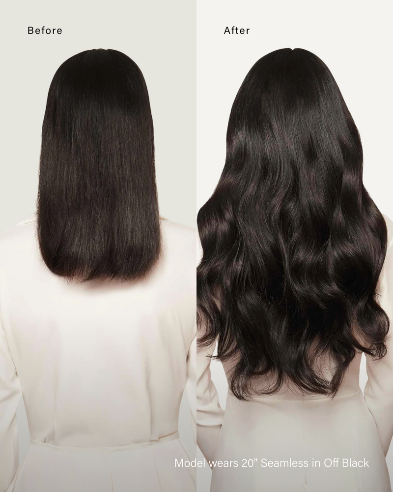 Before and after, back: model wears 20" Seamless in Off Black