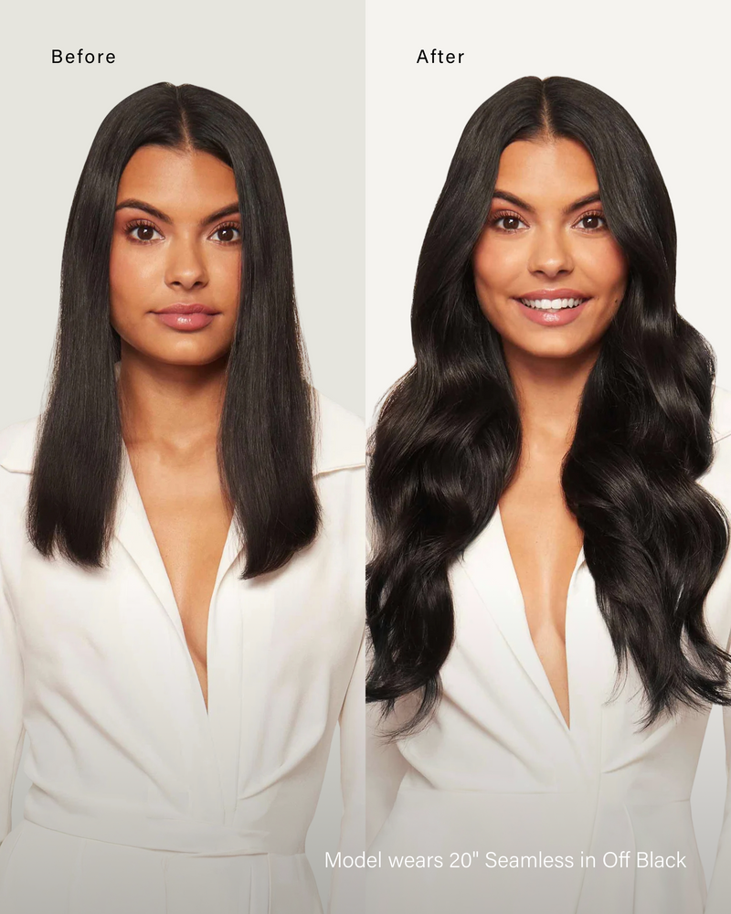 Before and after, front: model wears 20" Seamless in Off Black