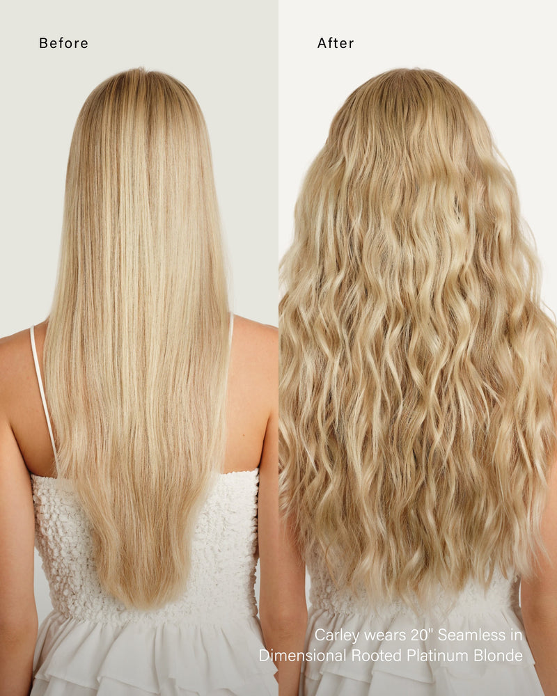 16" Seamless Dimensional Rooted Platinum Pearl Blonde Clip-Ins (160g) — before and after, back view