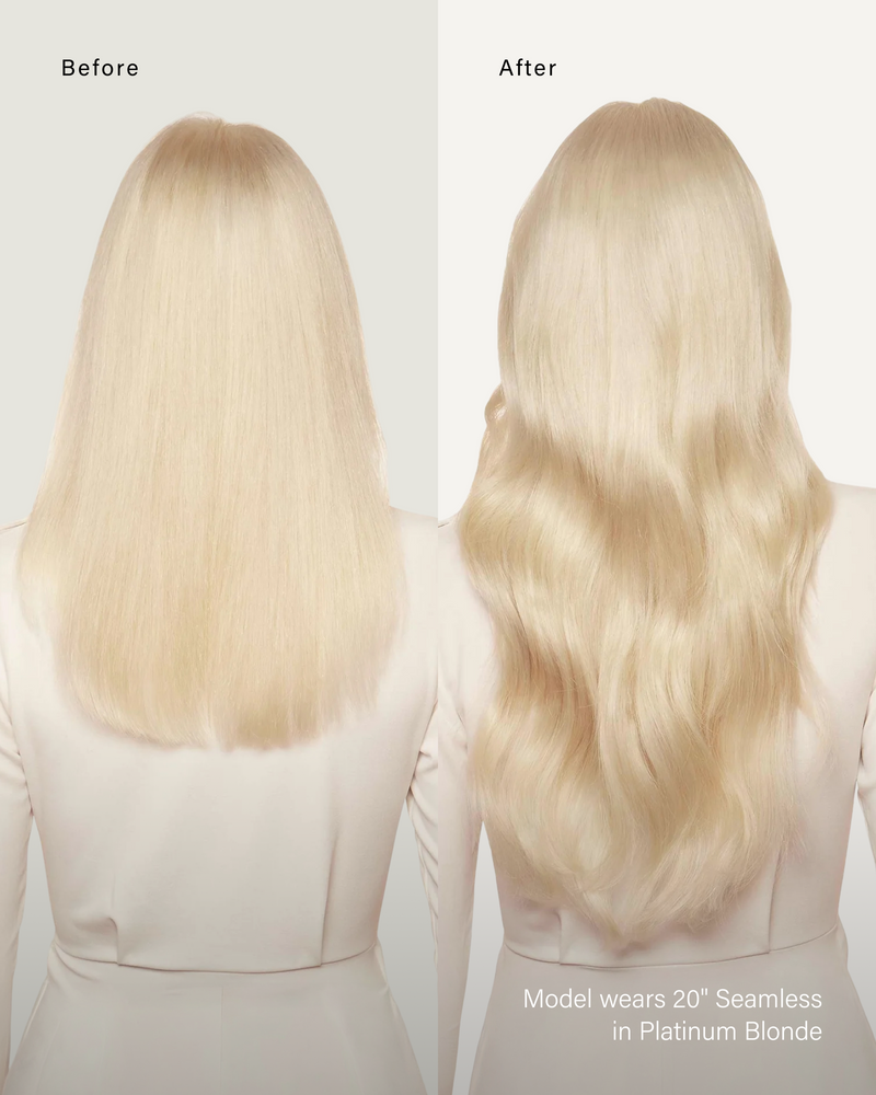 16" Classic Platinum Blonde Clip-Ins (160g) — before and after, back view
