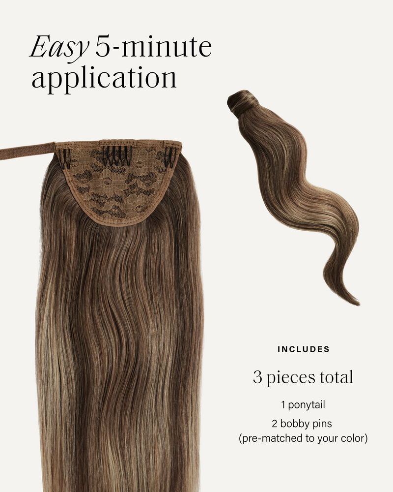 Easy 5-minute ponytail application, 3 pieces total, shown in brown