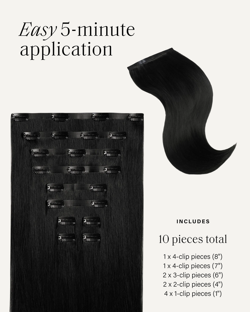 Easy 5-minute Seamless clip-ins application, 10 pieces total, shown in Off Black