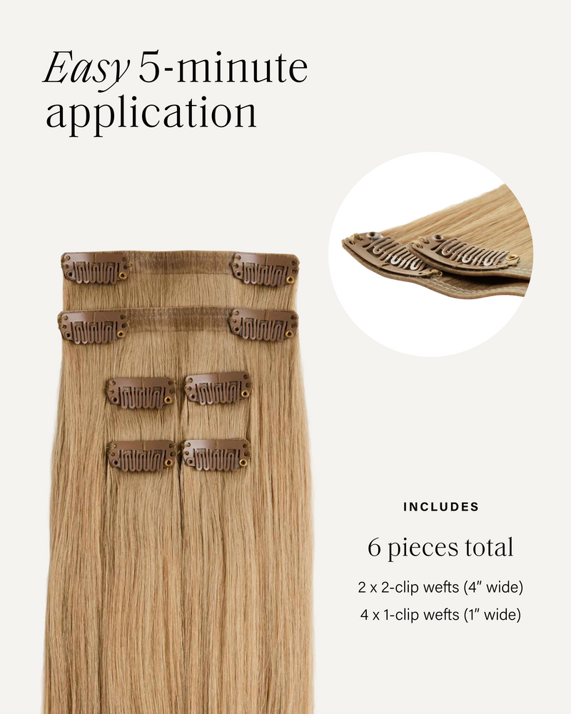 Easy 5-minute thinning hair fill-ins application, 6 pieces total: two 2-clip wefts (4" wide) and four 1-clip wefts (1" wide), shown in blonde