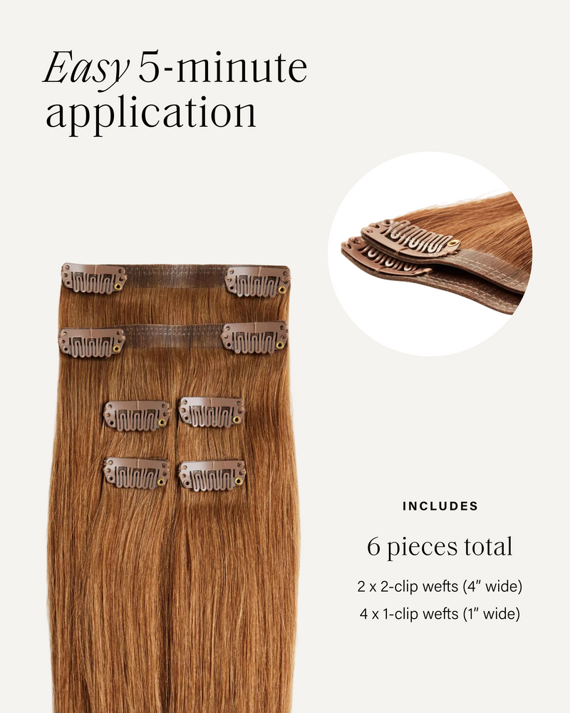 Easy 5-minute thinning hair fill-ins application, 6 pieces total: two 2-clip wefts (4" wide) and four 1-clip wefts (1" wide), shown in red