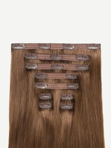 Brown clip-in hair extensions layout