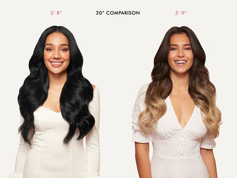 Two women in white dresses, one with long hair reaching 20" and standing at 5'8", the other with short hair and standing at 5'9".