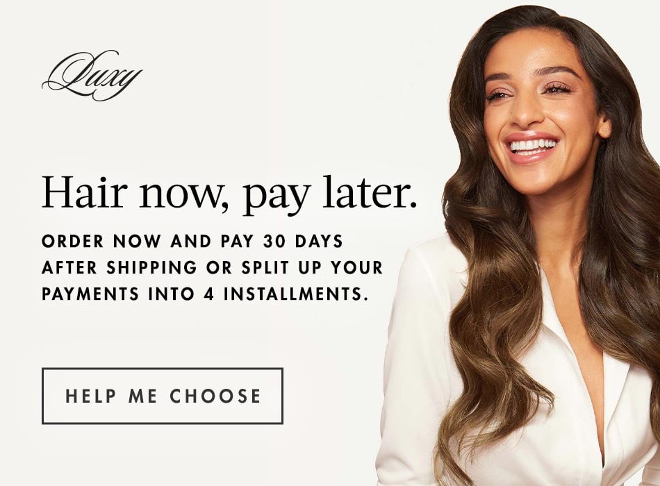 A promotional banner featuring the phrase "Hair Now, Pay Later" in bold, eye-catching typography against a vibrant background