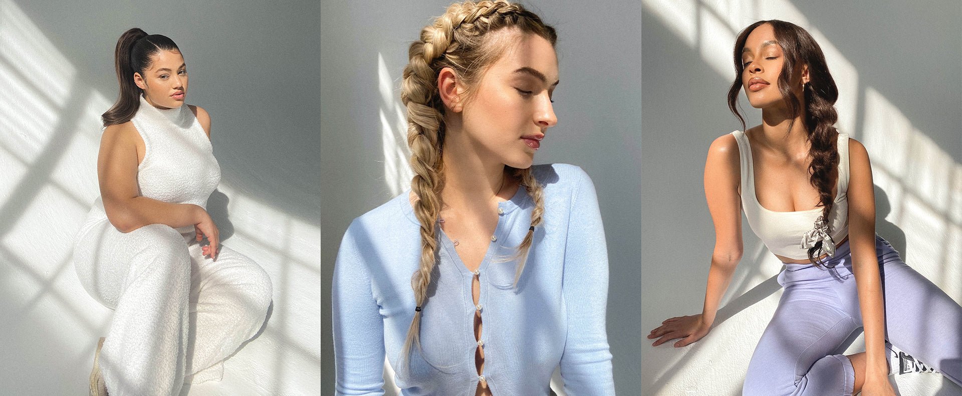 Three women with braids, each with different style hair extensions.