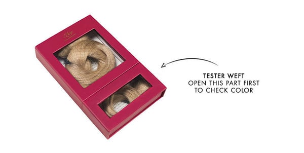 A maroon box opened to reveal two boxes of hair extensions.