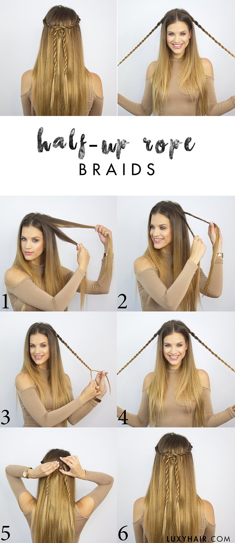 Back to school heatless hairstyle half up rope braid half updo