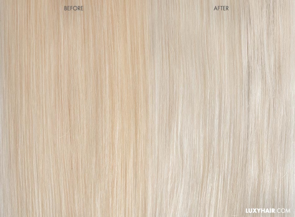 A side-by-side comparison of a before and after blonde hair extension treatment.
